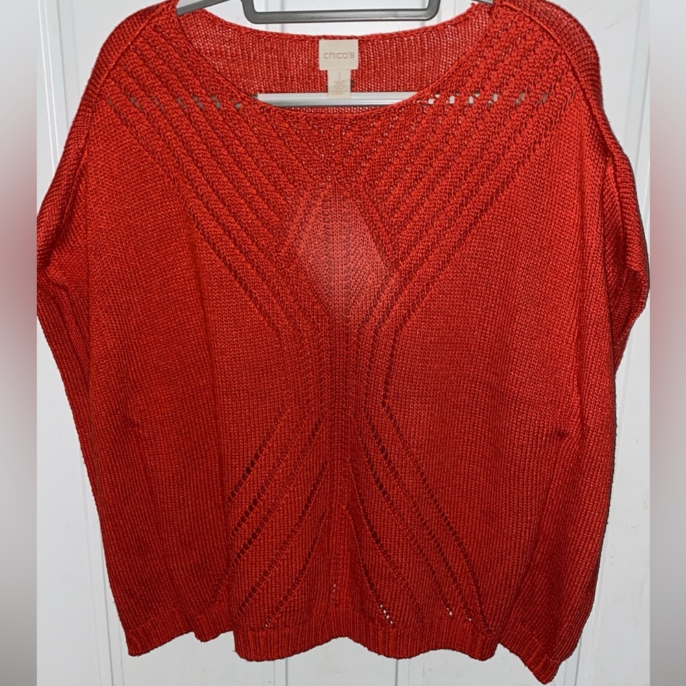 Chico's Orange and Red Blouse with Geometric Knit Design